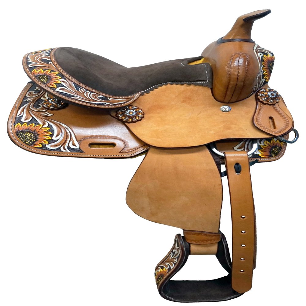 Equitem 12" Western Pony Youth Leather Saddle with Hand Painted Flower and Matching Color Suede Seat (Brown)