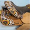 Equitem 12" Western Pony Youth Leather Saddle with Hand Painted Flower and Matching Color Suede Seat (Brown) view 3
