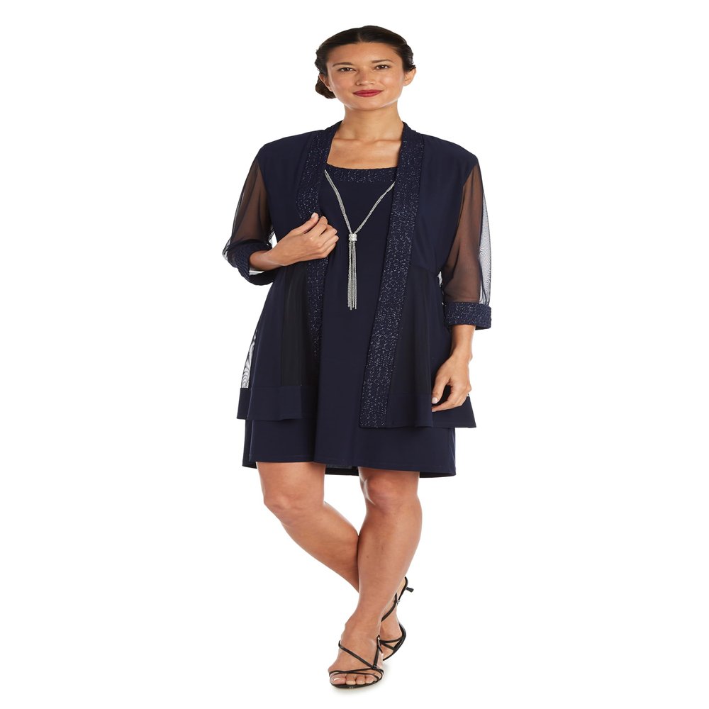 R&M Richards Women's Elegant 2-Piece Shift Dress with Pleated Shimmer Duster Jacket for Mother of the Bride, Cocktail Attire Navy