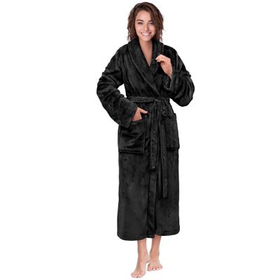 PAVILIA Black Women Robe Fleece Plush Soft, Fluffy Fuzzy Cozy Warm Lightweight Bathrobe, Shower Spa House Long Robe for Women, S/M
