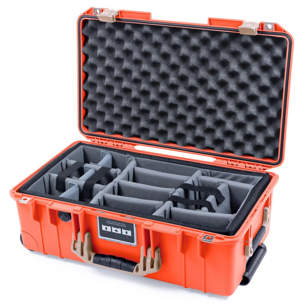 ColorCase Pelican Air 1535 Carry-on Case Orange - Medium Size Waterproof Case with Gray Padded Microfiber Dividers & Convoluted Lid Foam - Desert Tan Handles & Latches