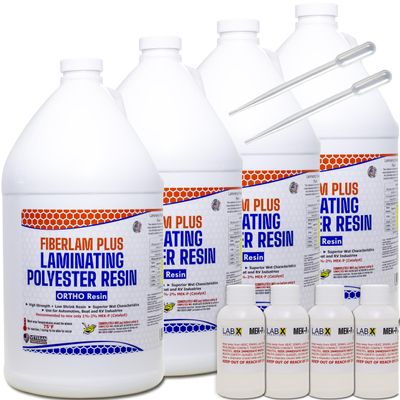 FIBERLAM Plus 1-10G Polyester Resin 1-10 Gallon +MEKP Hardener; Low Viscosity Coating for Laminating Fiberglass mat/Biaxle/Cloth; Boat/RV/Automotive/Canoe/Surfboard| Extended TACK Time (4 Gallon)