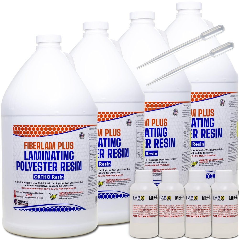 FIBERLAM Plus 1-10G Polyester Resin 1-10 Gallon +MEKP Hardener; Low Viscosity Coating for Laminating Fiberglass mat/Biaxle/Cloth; Boat/RV/Automotive/Canoe/Surfboard| Extended TACK Time (4 Gallon)