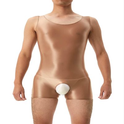 Jugaoge Mens Oily Glossy One Piece Open Crotch Bodysuit Swimming Suits Sleeveless Swimwear Yoga Jumpsuit Coffee Large