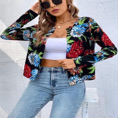 ESENTL Women's Jacket Floral Print Open Front Jacket Jacket for Women (Color : Multicolor, Size : X-Large)