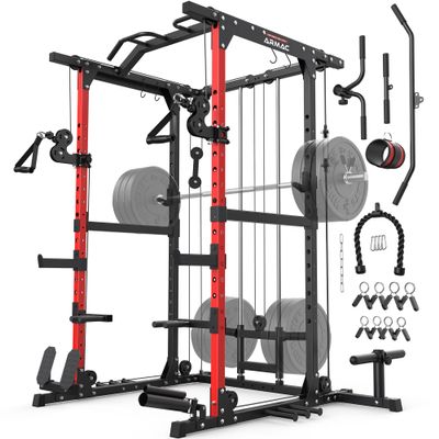 Sportsroyals Squat Rack, LAT Power Cage, Power Rack Multi-Function with Pulley System and Training Attachments for Home Gym