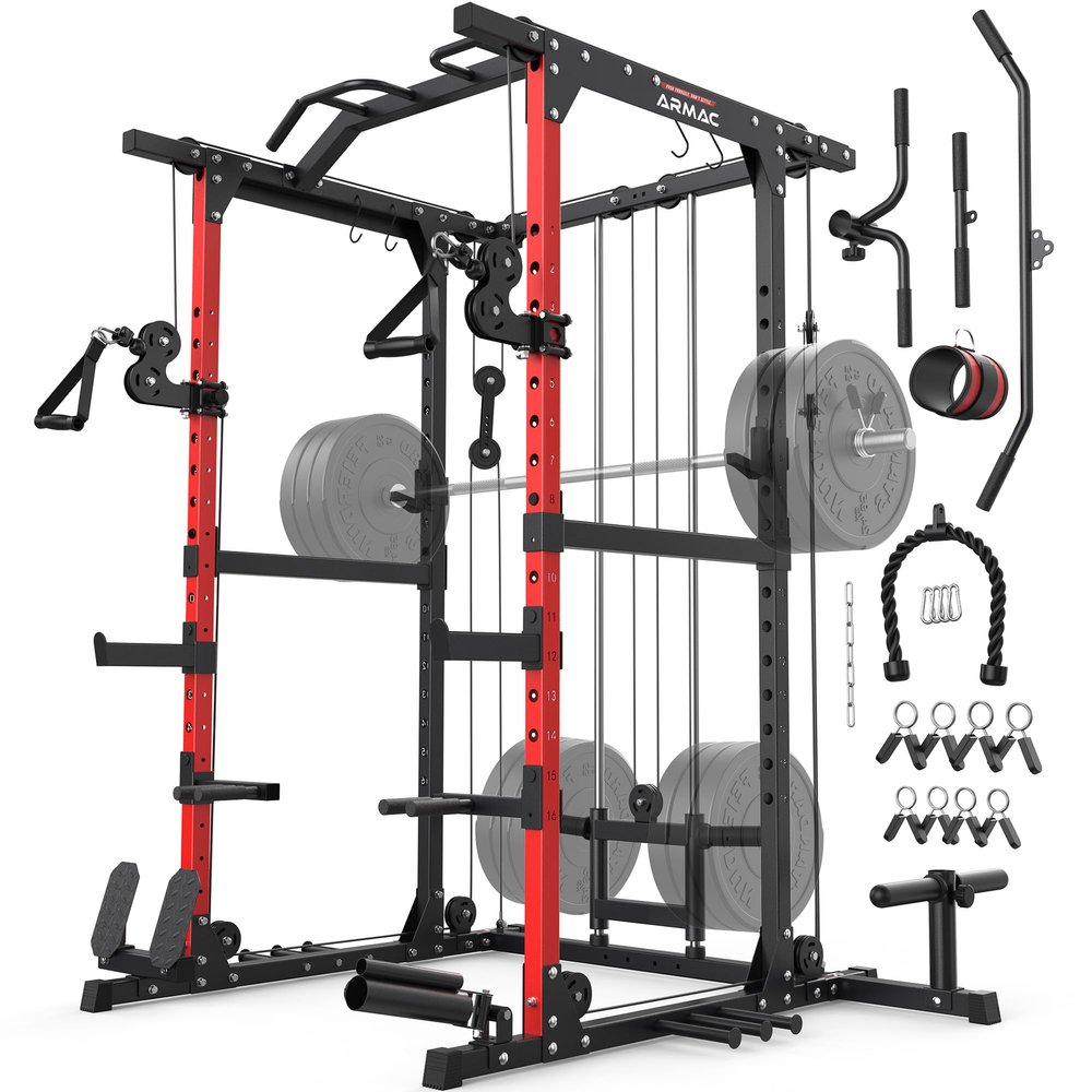 Sportsroyals Squat Rack, LAT Power Cage, Power Rack Multi-Function with Pulley System and Training Attachments for Home Gym