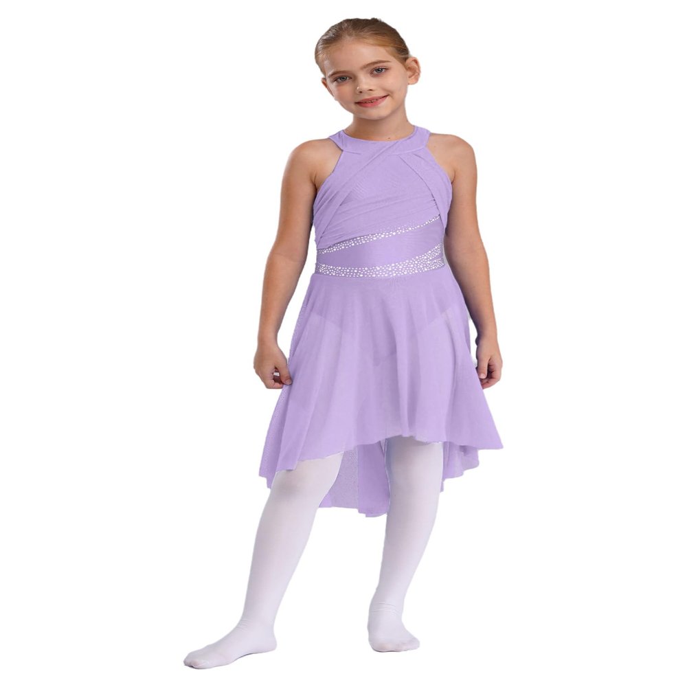 easyforever Kids Girls Sleeveless Shiny Rhinestone Lyrical Ballet Leotard Dress Contemporary Modern Latin Dance Costume Lavender 14 Years