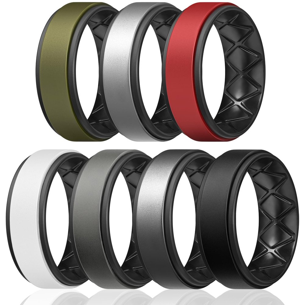 Egnaro Silicone Rings for Men 1/4/5/6/7 Multipack of Breathable Mens Silicone Rubber Wedding Rings Bands - Step Edge