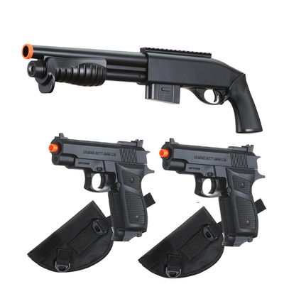 GoldenBall Airsoft Pump Action Spring-Powered Shotgun and Dual Pistols Starter Kit with Holster (Black)