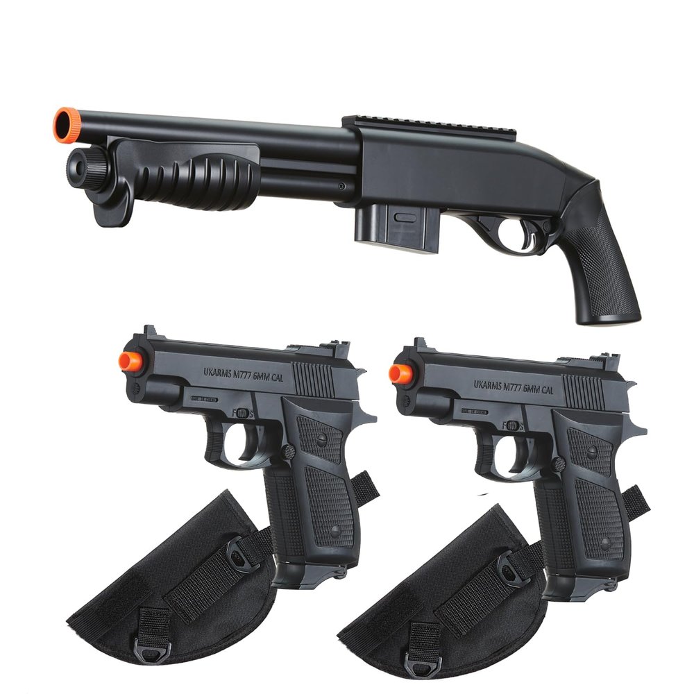 GoldenBall Airsoft Pump Action Spring-Powered Shotgun and Dual Pistols Starter Kit with Holster (Black)