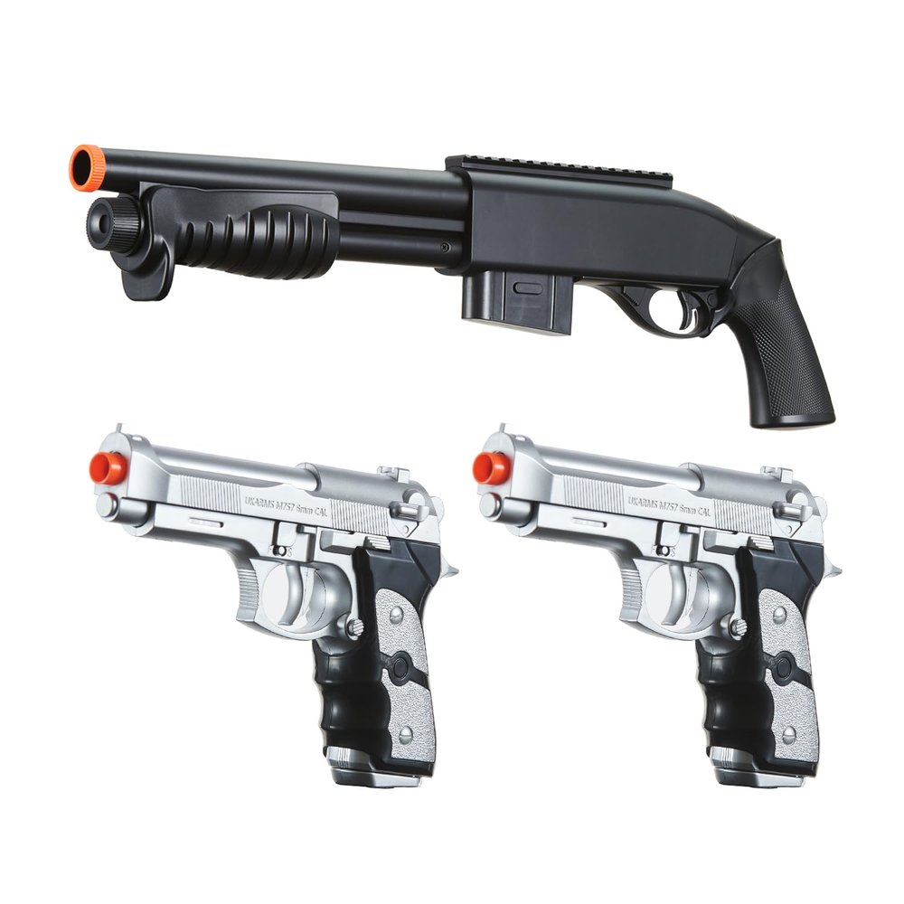 GoldenBall Airsoft Pump Spring-Powered Shotgun and Dual Bereta Pistols Starter Kit (Black)