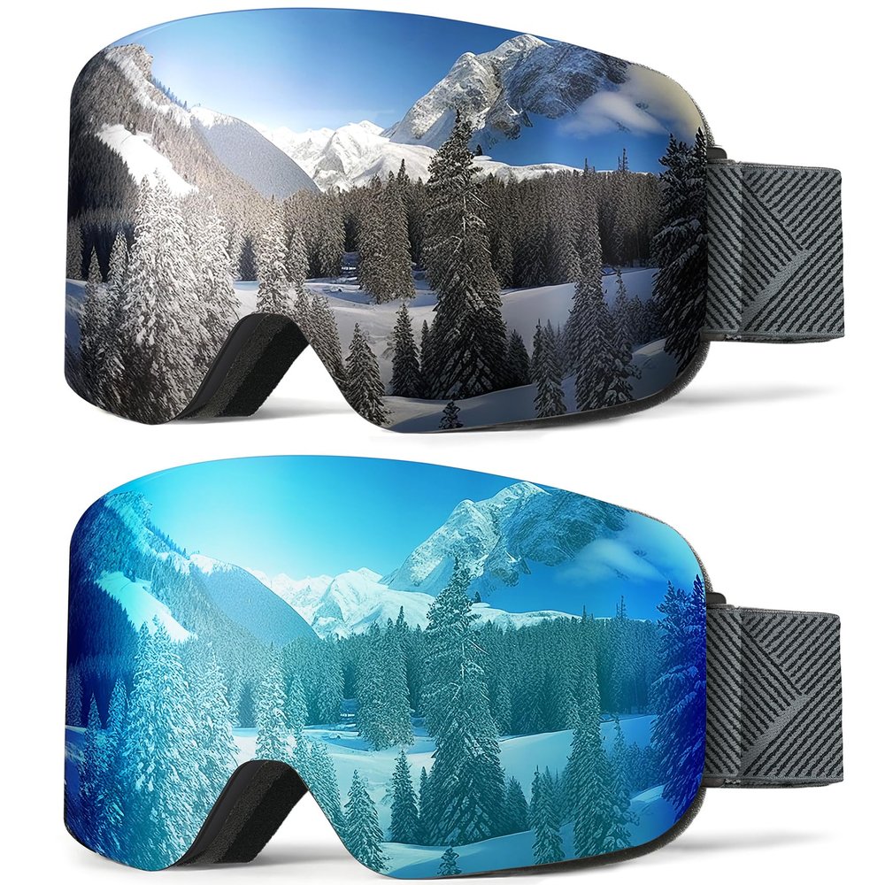 NSSIW Ski Goggles for Men Women Youth, OTG Snowboard Goggles Snow Goggles with Anti Fog and UV Protection Over Glasses 2 Pack