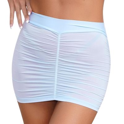 Agoky Women's See Through Mesh Sheer Mini Skirts Elastic Waistband Bodycon Stretch Ruched Skirts Blue One Size