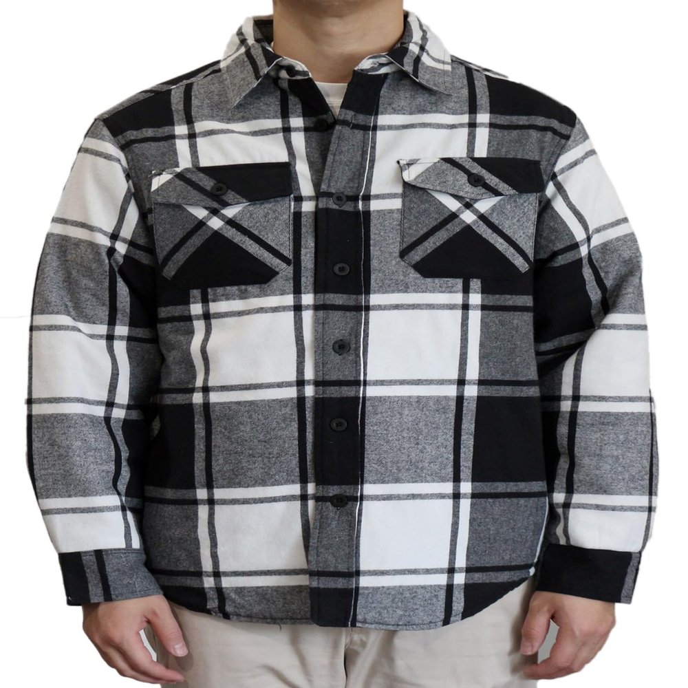 AIRNINE Men's Heavy Weight Quilted Lined Plaid Flannel Shirt Jacket (S to 5XL) (Black/White_1128, 3X-Large)