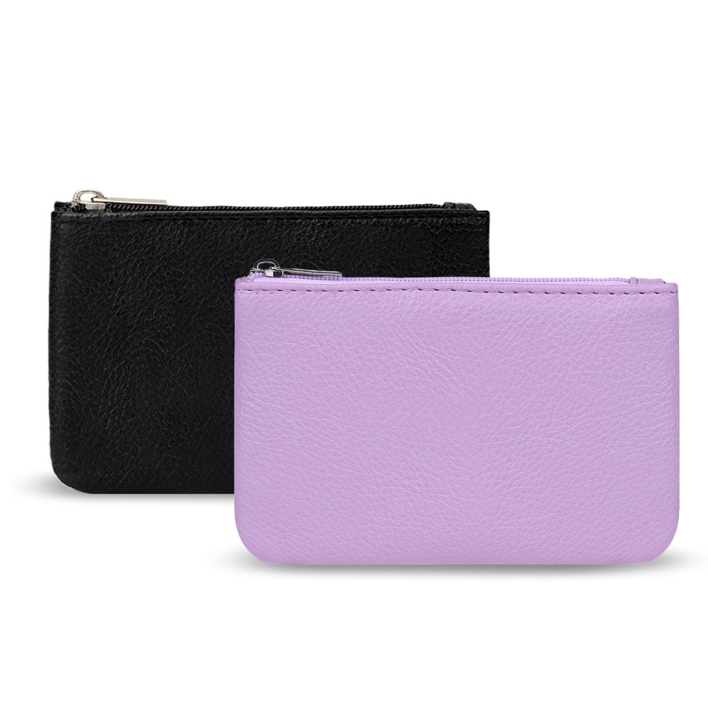 KALIONE 2 Pack Coin Purse, Portable PU Leather Coin Purse with Zipper Coin Purse Mini Change Purse Small Coin Purse for Women Credit Card Folded Bills ID Key Headset Lipstick(Black&Purple)