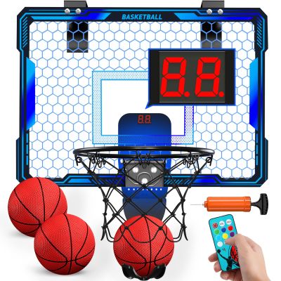 HYES Remote Control Basketball Hoop Indoor with 7 LED Lighting, Mini Basketball Hoop with Electronic Scoreboard, 3 Modes, Over Door Basketball Hoop, Basketball Toys Sport Gifts for Kids, Adults (Blue)