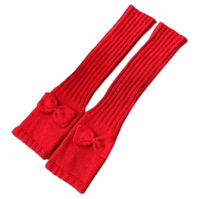 Flush of Dawn Lovely Bowknot Wool Gloves Women Elbow Long Fingerless Gloves Warm Knit Fleece Gloves Long Sleeve Winter Gloves (Red), Large
