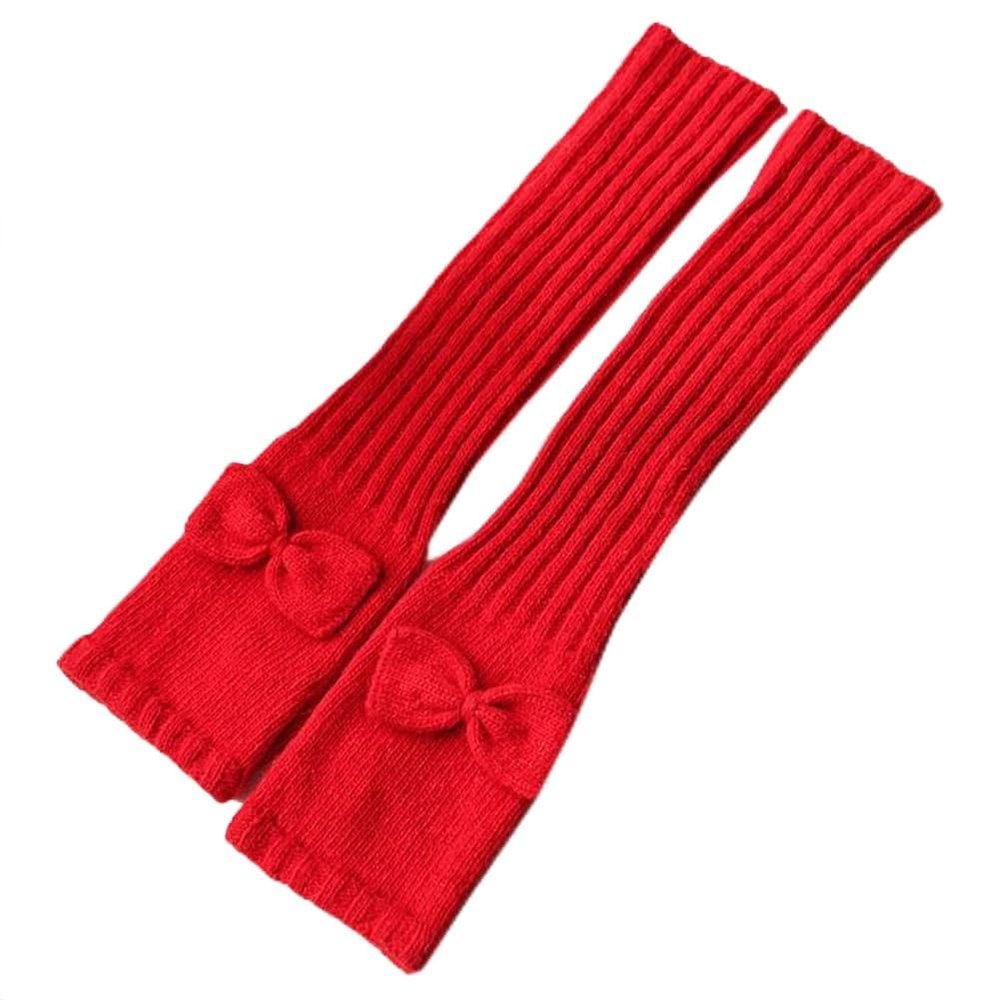 Flush of Dawn Lovely Bowknot Wool Gloves Women Elbow Long Fingerless Gloves Warm Knit Fleece Gloves Long Sleeve Winter Gloves (Red), Large