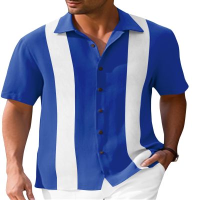 Mens Vintage Bowling Shirts Short Sleeve Button Down Silk Shirts for Men Royal Blue