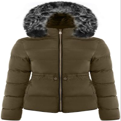 BodiLove Women's Everyday Warm Winter Quilted Puffer Short Coat High Collar Jacket with Removable Faux Fur Hood Zipper Vegan Leather Piping Water Resistent Olive L