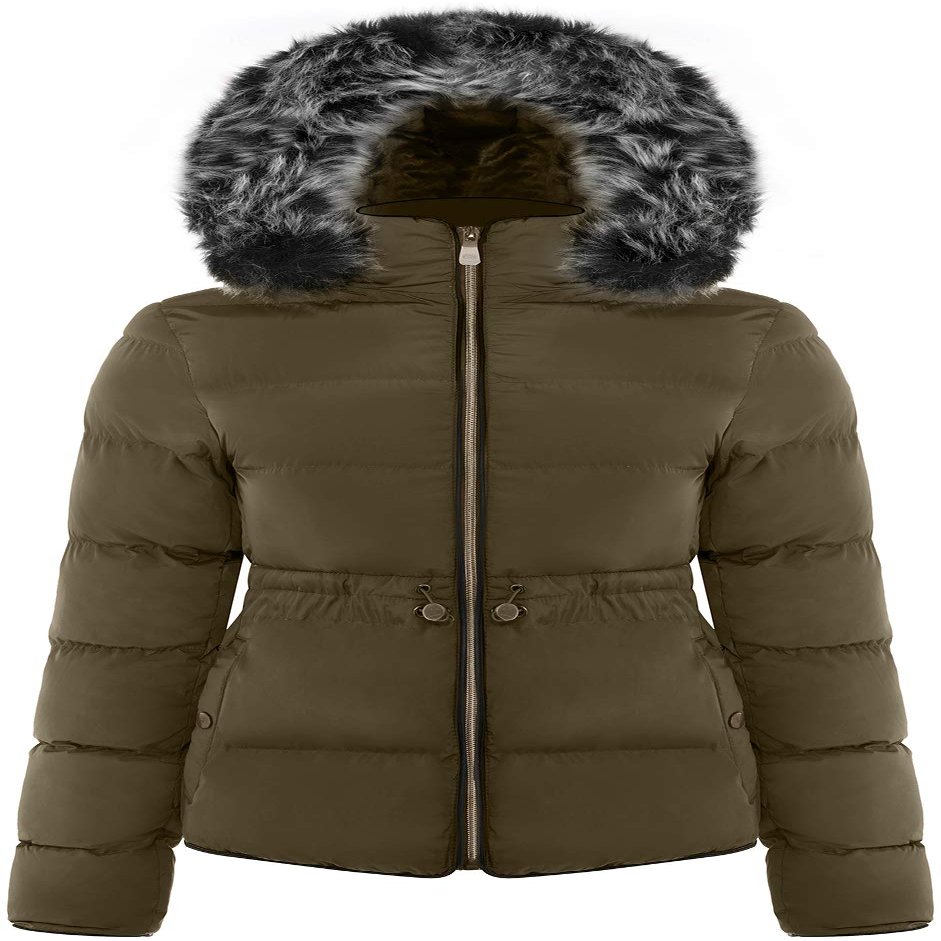 BodiLove Women's Everyday Warm Winter Quilted Puffer Short Coat High Collar Jacket with Removable Faux Fur Hood Zipper Vegan Leather Piping Water Resistent Olive L