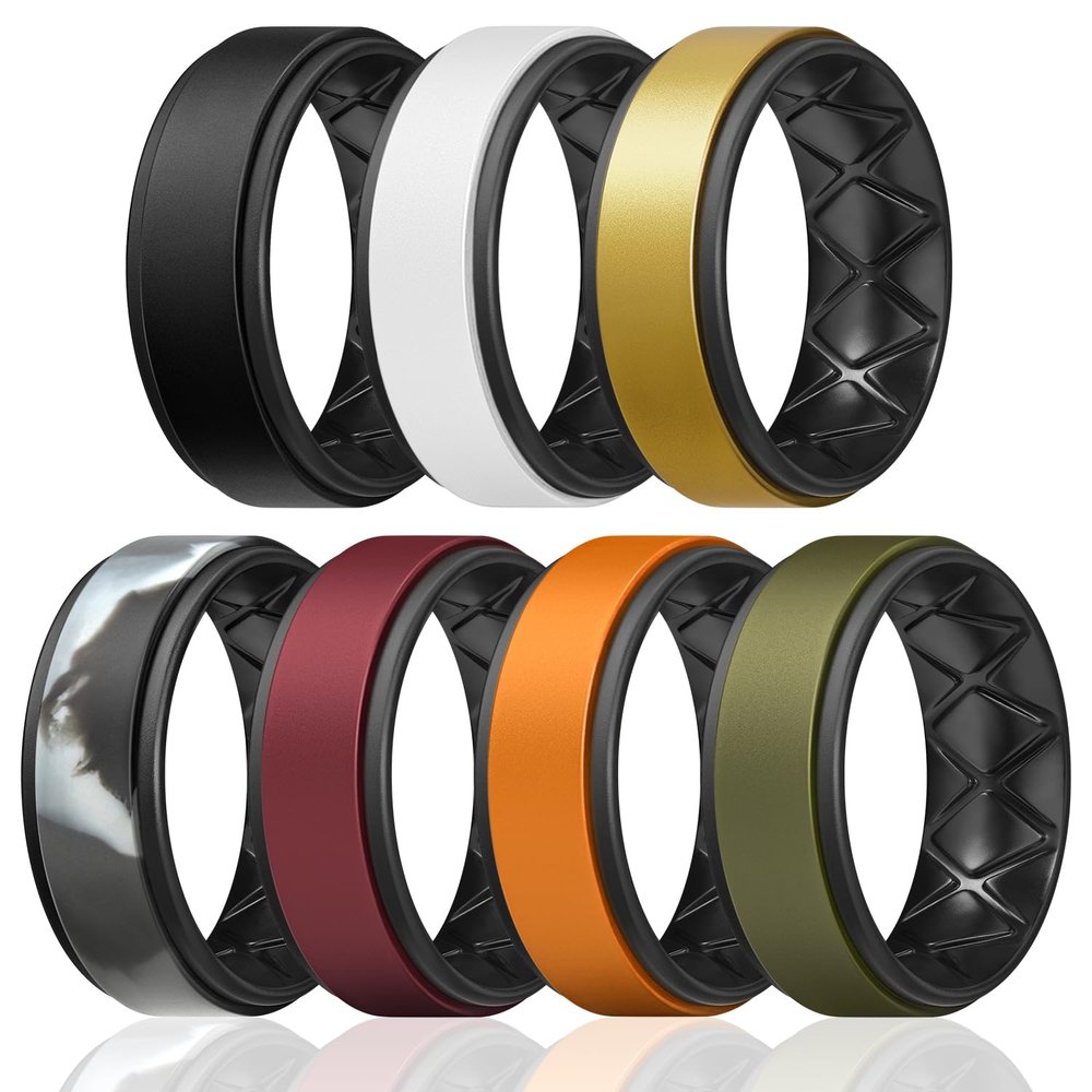 Egnaro Silicone Rings for Men 1/4/5/6/7 Multipack of Breathable Mens Silicone Rubber Wedding Rings Bands - Step Edge