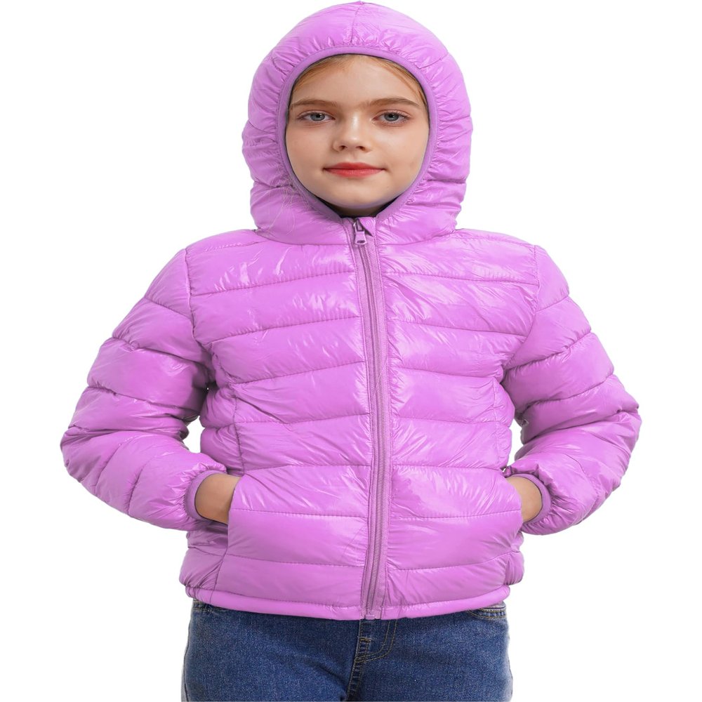 JEATHA Boys Girls Ultra Lightweight Packable Puffer Jacket Kids Windproof Water Resistant Zip Up Hoodie Coats Purple 11-12 Years