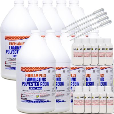 FIBERLAM Plus 1-10G Polyester Resin 1-10 Gallon +MEKP Hardener; Low Viscosity Coating for Laminating Fiberglass mat/Biaxle/Cloth; Boat/RV/Automotive/Canoe/Surfboard| Extended TACK Time (10 Gallon)