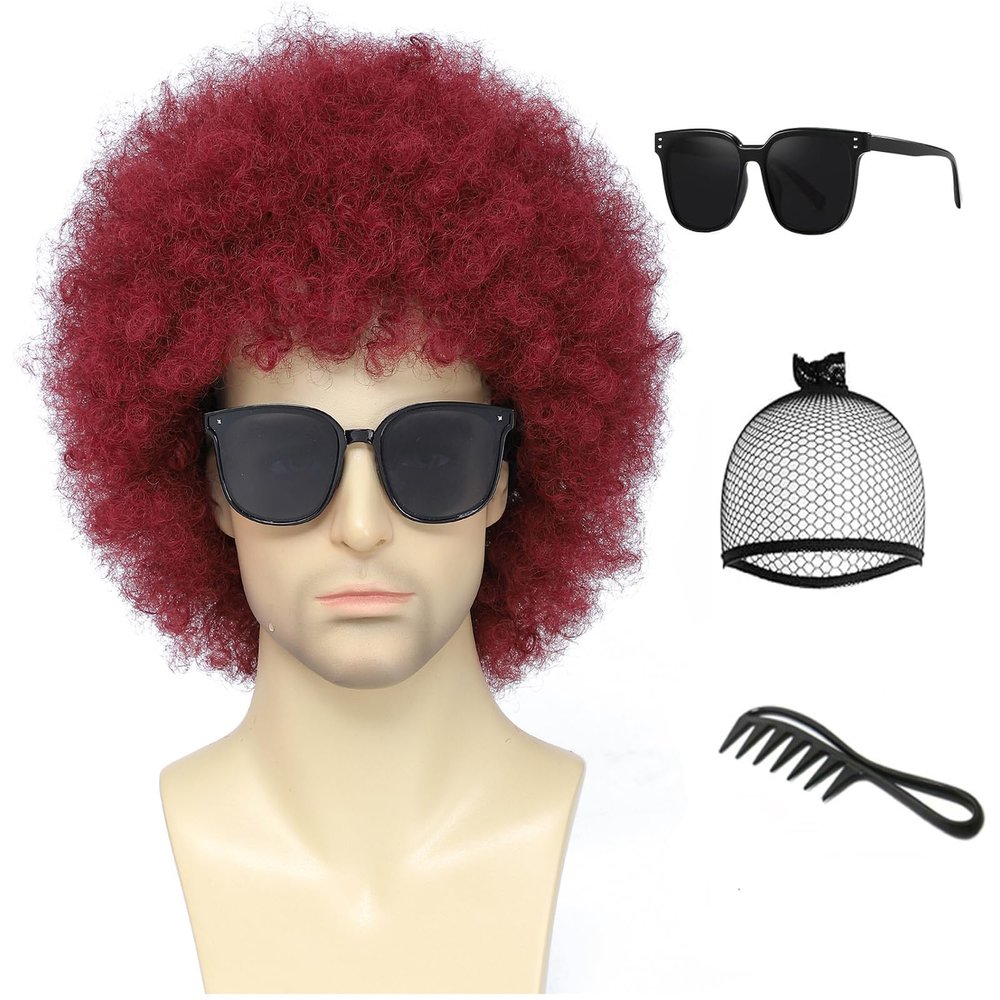Airhostess 70s Disco Curly Afro Wig with Accessories, Unisex Synthetic Wig for Halloween Cosplay & Themed Party (Red)