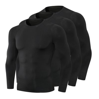 3 Pack Black Compression Shirt Men Long Sleeve Workout GMY Baselayers Sport Running T-Shirts Athletic Dry Fit Football Top