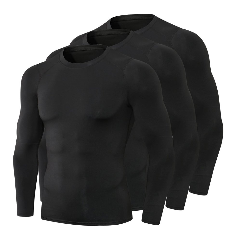 3 Pack Black Compression Shirt Men Long Sleeve Workout GMY Baselayers Sport Running T-Shirts Athletic Dry Fit Football Top