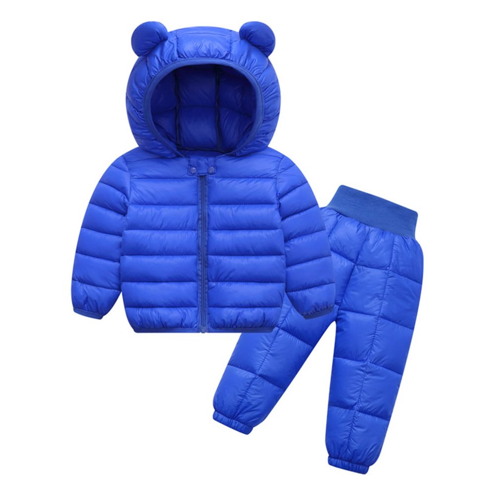 Kaerm Toddler Kids Winter Snowsuit Puffer Jacket Boys Girls Long Sleeve Hoodie Lightweight Down Coat and Pants Royal Blue 18-24 Months