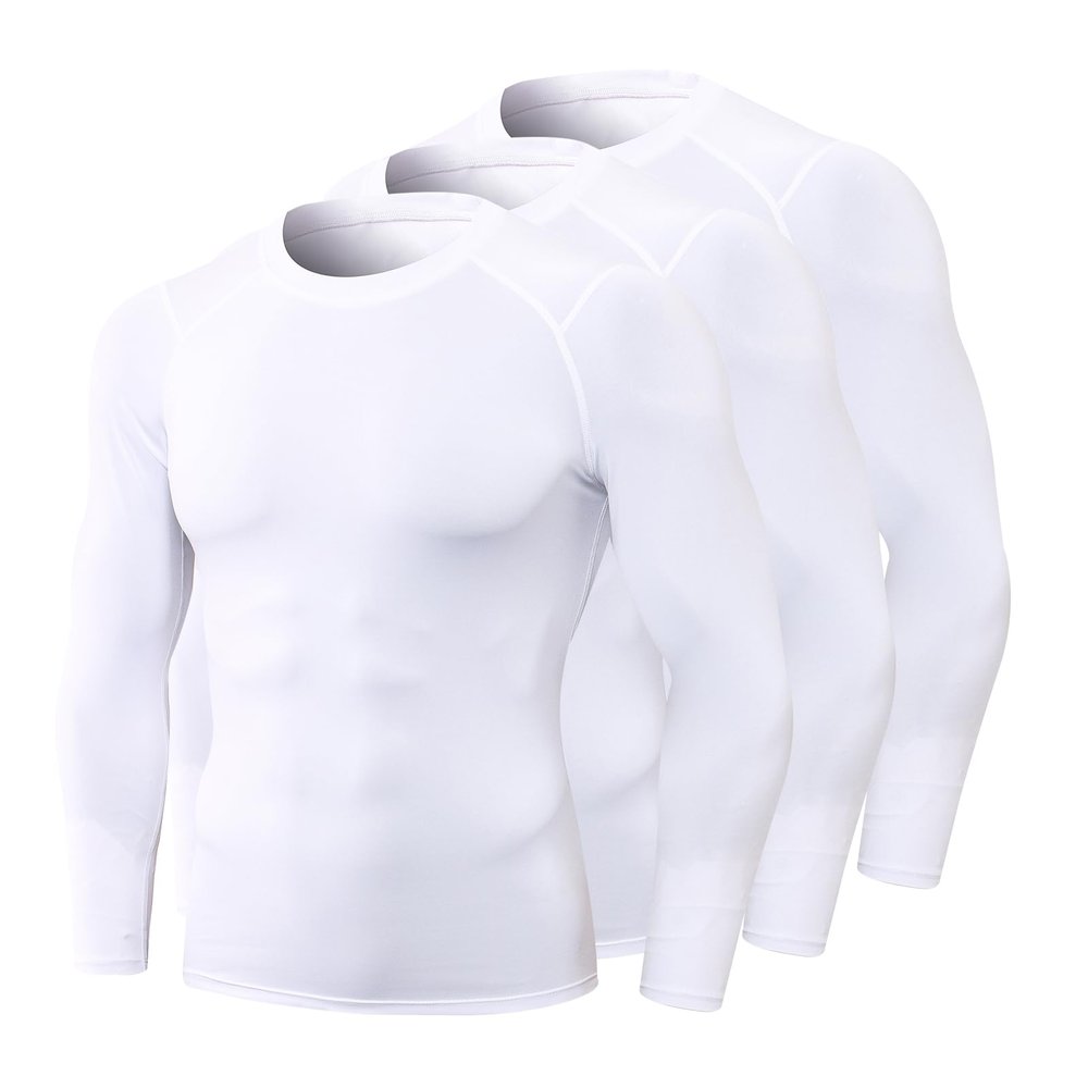 3 Pack White Compression Shirts for Men Long Sleeve Athletic Workout Baselayers Quick Dry Sports Gear Running Tops