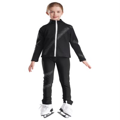 Jizyo Kids Girls Boys Figure Ice Skating Outfits Jacket Outerwear with Practice Leggings Ice Skating Pants Tracksuit Black 10 Years