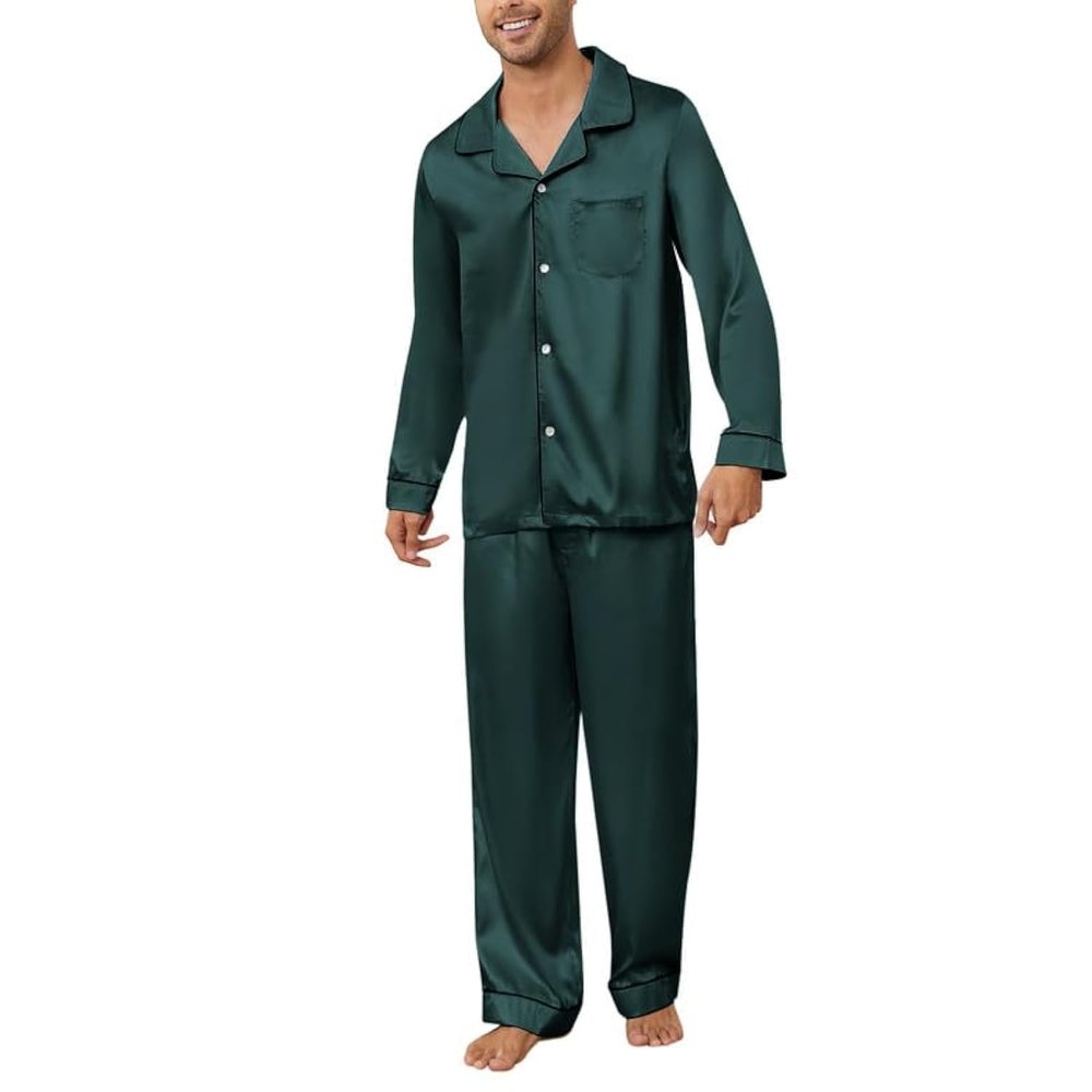 U2SKIIN Mens Silk Pajamas Set, Long Sleeve Satin Pajamas for Men Sleepwear Button Down Pjs Set Two-piece(Dark Green,L)