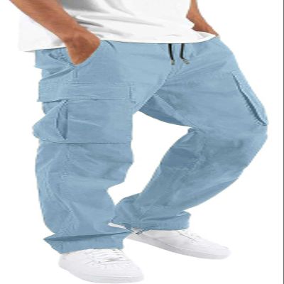 HUNGSON Mens Cargo Pants Drawstring Casual Hiking Pants Joggers Athletic Trousers Cotton Loose Straight Sweatpants for Men Light Blue