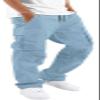 HUNGSON Mens Cargo Pants Drawstring Casual Hiking Pants Joggers Athletic Trousers Cotton Loose Straight Sweatpants for Men Light Blue view 1