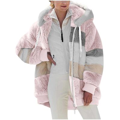 XUNRYAN Womens Fashion Color Block Faux Shearling Coat Warm Hooded Zip Up Fuzzy Winter Jacket Zip Up Outwear with Pockets