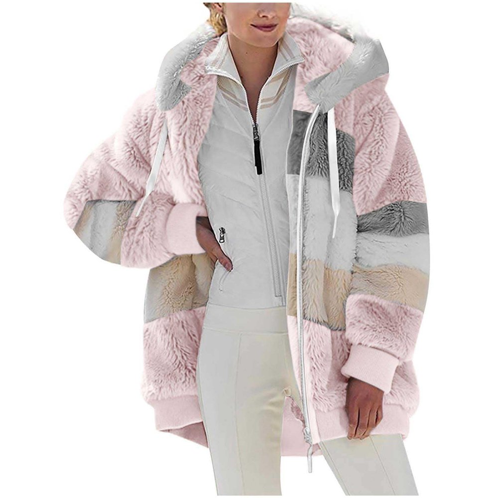 XUNRYAN Womens Fashion Color Block Faux Shearling Coat Warm Hooded Zip Up Fuzzy Winter Jacket Zip Up Outwear with Pockets
