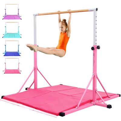FC FUNCHEER Gymnastics Bar for Kids Ages 3-15, 35" to 60" Adjustable Height, 4FT Wide Base - Professional Kip Bar with 360 Stability & Fiberglass Crossbar, Easy Fold&Solid Design for Home Training