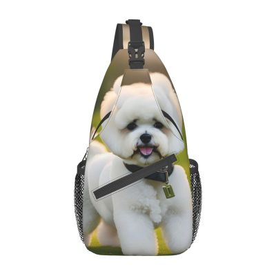 Bichon Frise Dog on the grass Print Stylish Sling Backpack, Sling Bag,Chest Bag Daypack, for Hiking, Travel, and Business