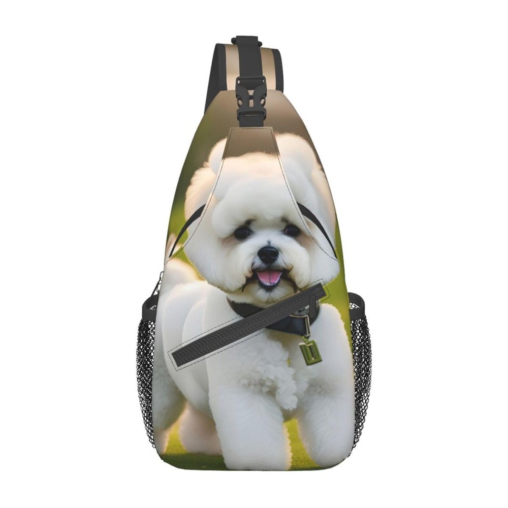 Bichon Frise Dog on the grass Print Stylish Sling Backpack, Sling Bag,Chest Bag Daypack, for Hiking, Travel, and Business