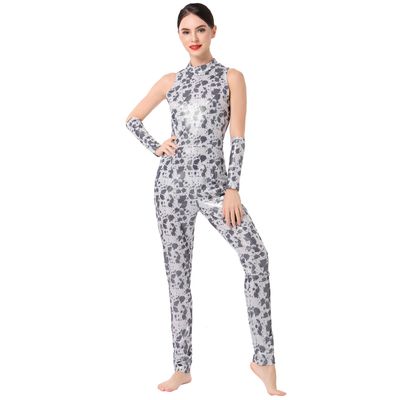 AFAVOM Women Metallic Dancewear Costumes Cow Print Jumpsuit Sleeveless Leotard Romper Workout Gymnastics Clothes Adult Dance Unitard Long Bodysuit Party One Piece Catsuit with Armbands Cow Print XS