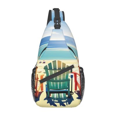 YQxwJL beach scene with chairs Print Stylish Sling Backpack, Sling Bag,Chest Bag Daypack, for Hiking, Travel, and Business
