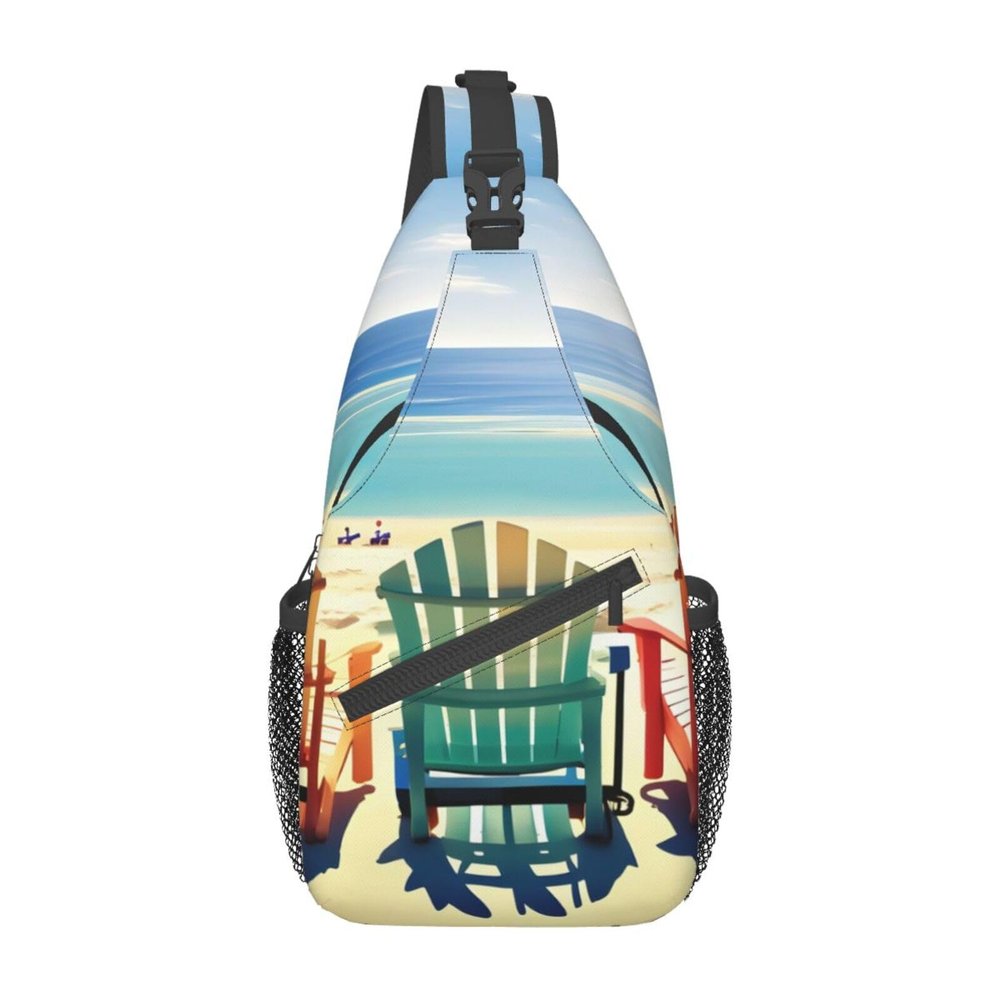 YQxwJL beach scene with chairs Print Stylish Sling Backpack, Sling Bag,Chest Bag Daypack, for Hiking, Travel, and Business