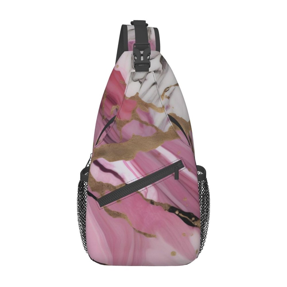 YQxwJL Pink White Marble Pattern Print Stylish Sling Backpack, Sling Bag,Chest Bag Daypack, for Hiking, Travel, and Business