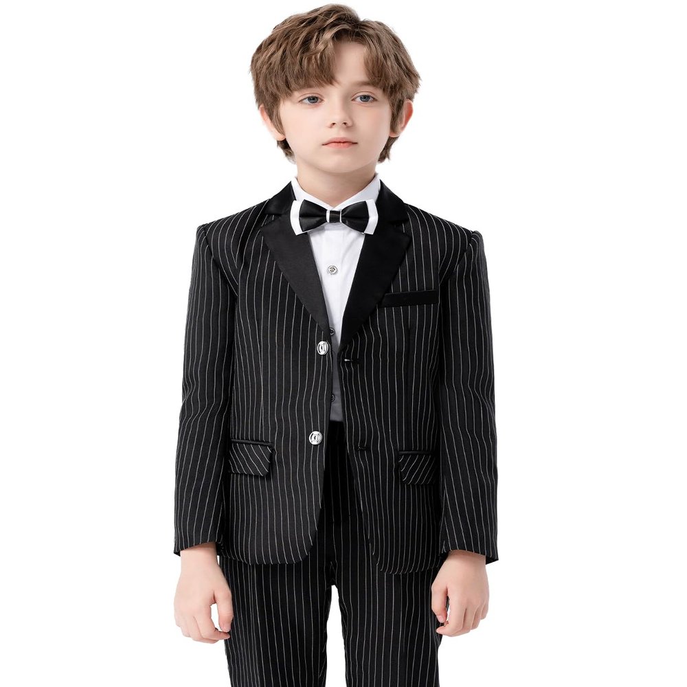 Boys Formal Suit Tuxedo Slim Fit Black Blue 3 Piece Pinstripe Blazer Dress Pants Bow Tie Toddler Kids Outfits (US, Age, 6 Years, 7 Years, Black)