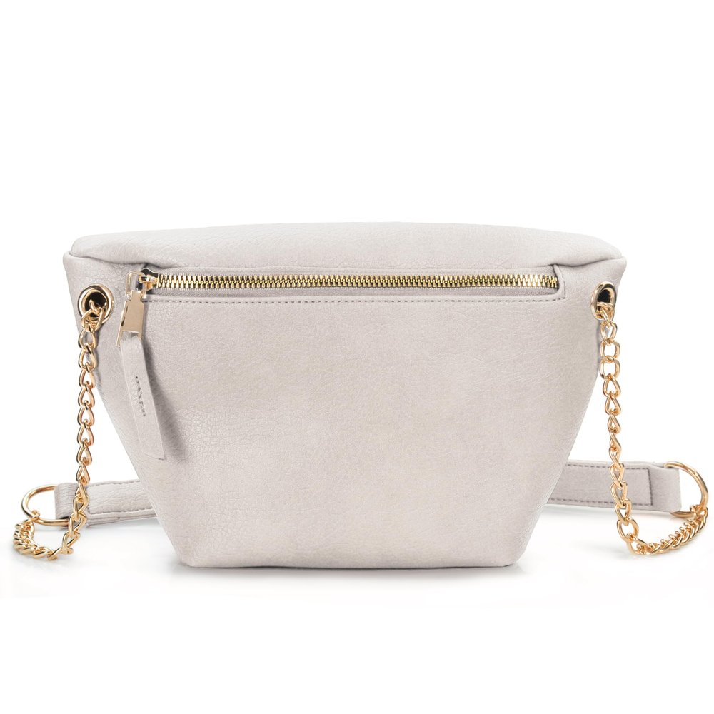 Fanny Pack for Women Vegan Leather Cross body Chain Belt Purse Chest Bag Bum Hip Waist Pack for Travel Outdoor Hiking (Ivory)