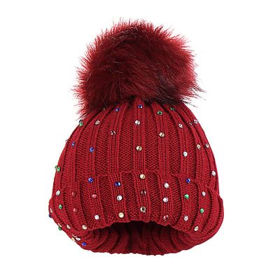 Baby Girls Boys Winter Rhinestone Beanie Hat Crochet Knitted with Faux  Pom-Pom Knit kull Cap (Wine, One Size)